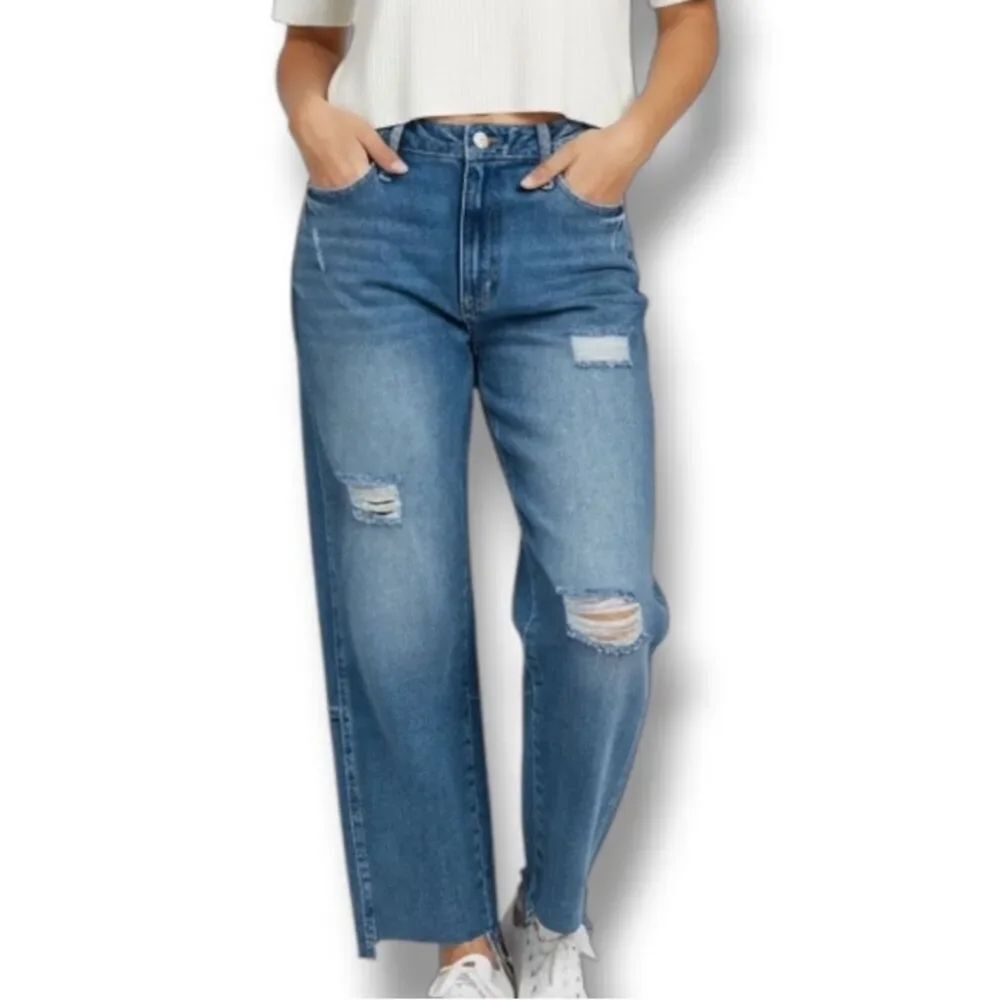 Plus High Waist Denim Blue Straight Leg Jeans Distressed 24 NWT